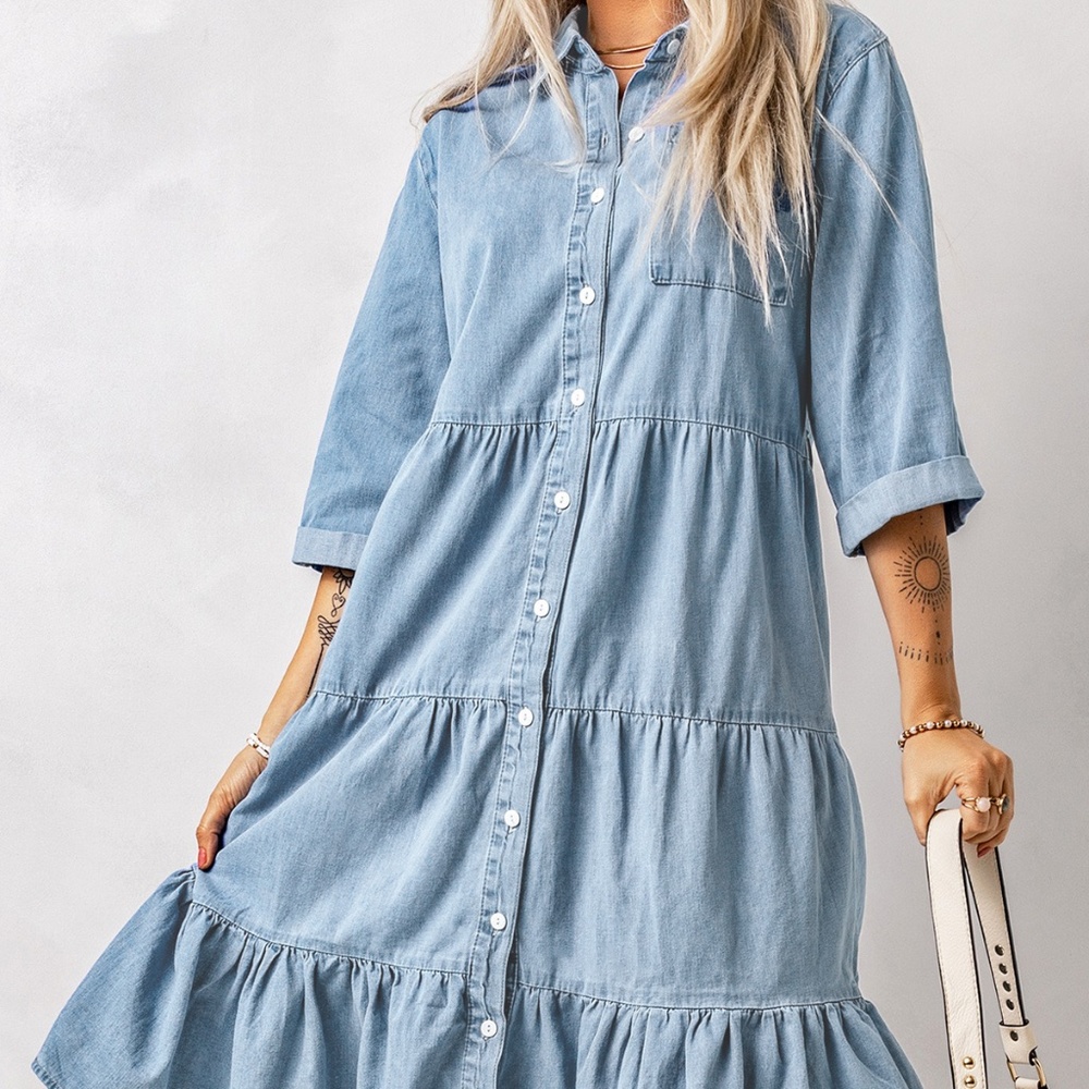 Sky Blue Ruffled Denim Full Buttoned Midi Dres